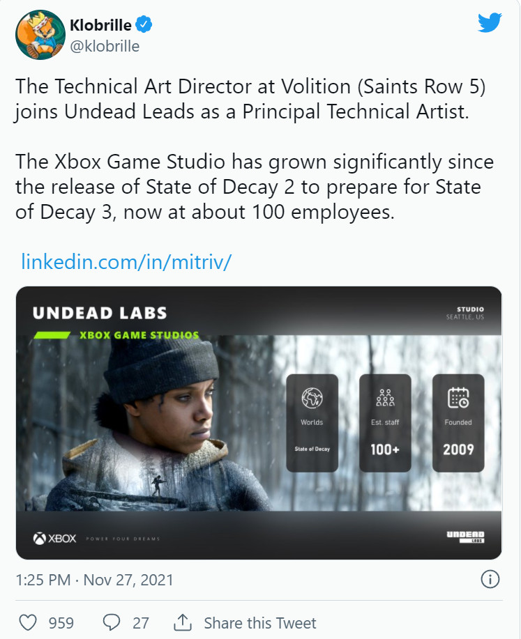 《黑道圣徒5》技术美术总监加盟《腐烂国度3》开发商Undead Labs