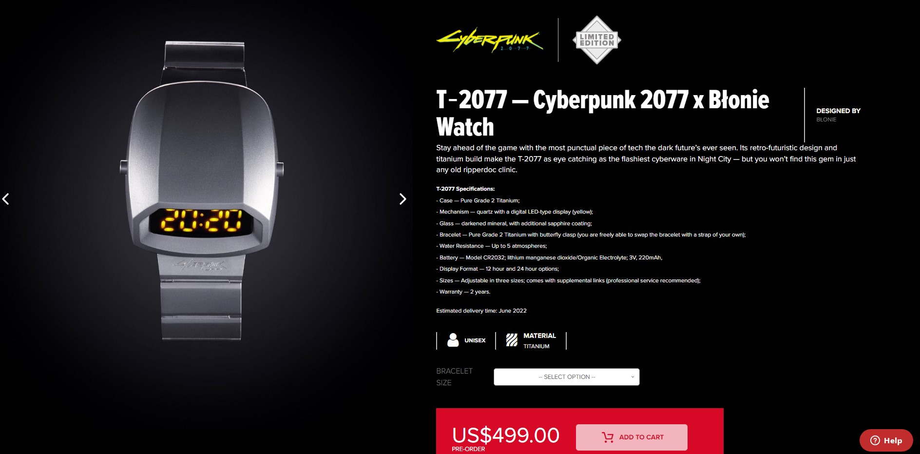 CDPR推出《赛博朋克2077》纪念手表 售价499美元