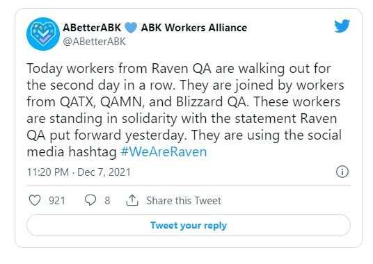 暴雪QA员工支援Raven工作室进行裁员抗议活动