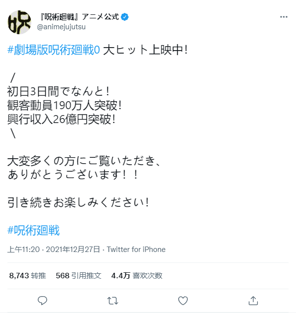 《咒术回战0》上映3天票房冲破26亿日元 不俗众冲破190万人
