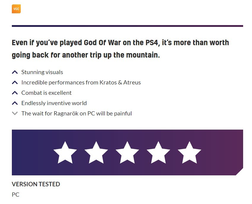 《战神4》PC版M站均分93分 GS 9分：目前暂无差评