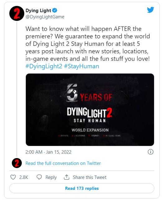 《消逝的光芒2》将在发行后至少5年内获得内容更新