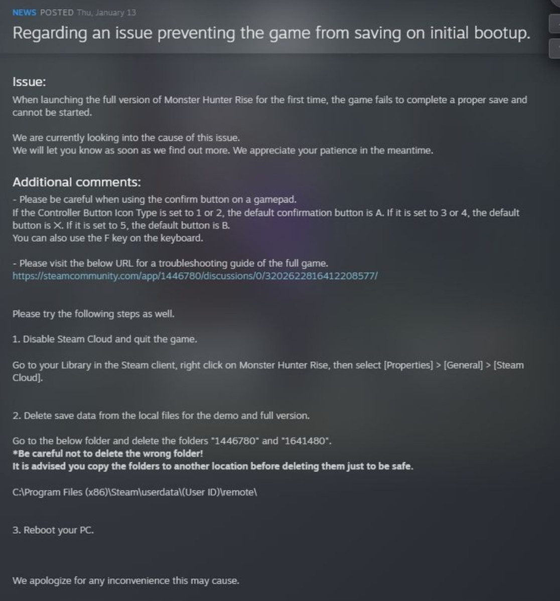 《怪物猎人：崛起》PC玩家遇到”保存失败“bug
