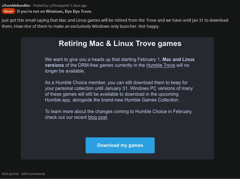 Humble Bundle简化服务 将会取消Mac和Linux游戏支持