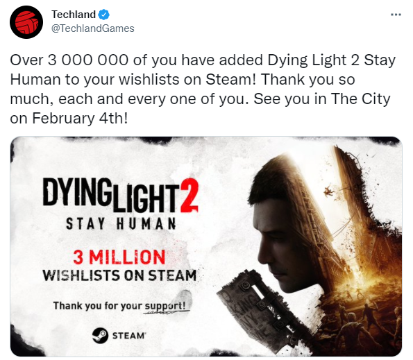 《消逝的光芒2》官宣：超300万名玩家将游戏加入愿望单