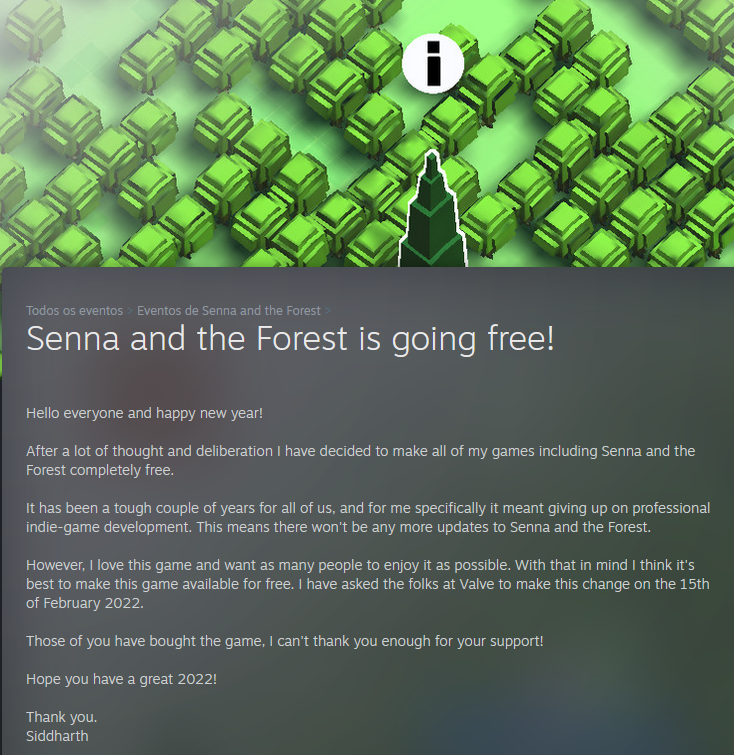 《塞纳与森林》开发者宣布停止更新 四款游戏将免费