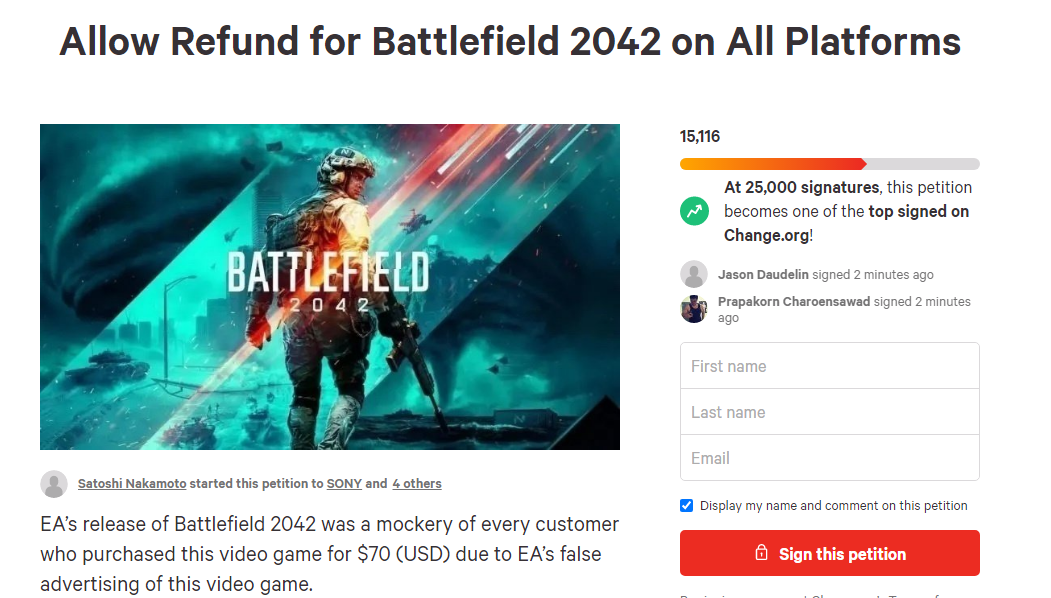 玩家发起《战地2042》全平台退款请愿 超5万将请律师起诉EA