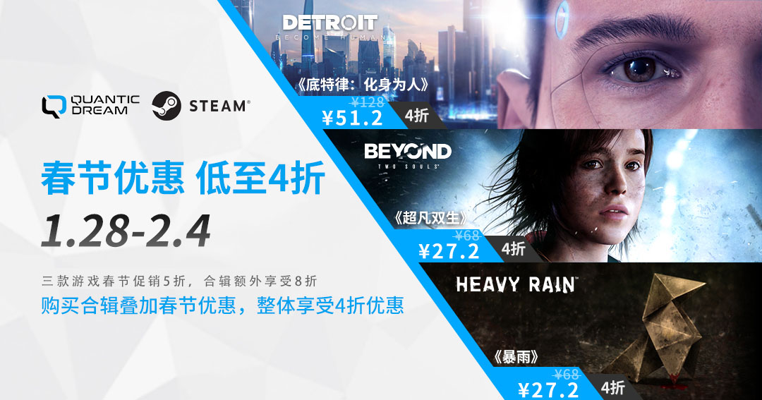 春节促销，Quantic Dream工作室旗下三款游戏Steam平台最低4折