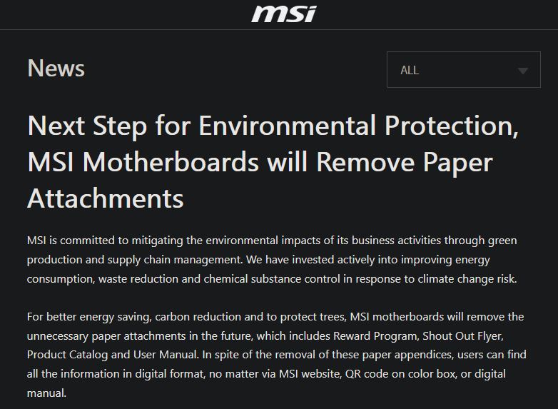 微星加入环保大军 主板将不再包含说明书和文件