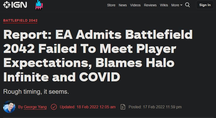 EA否认其曾称《光环：无限》发布导致《战地2042》失败