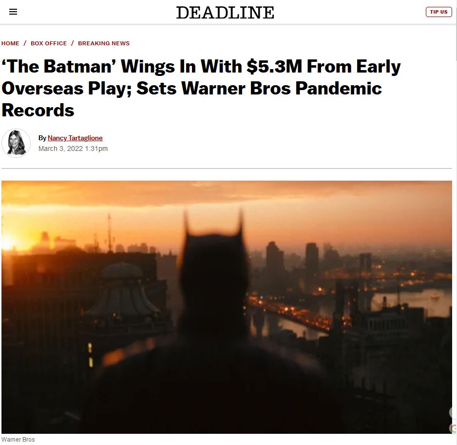 《新蝙蝠侠》海外多国上映 已打破华纳首日票房纪录