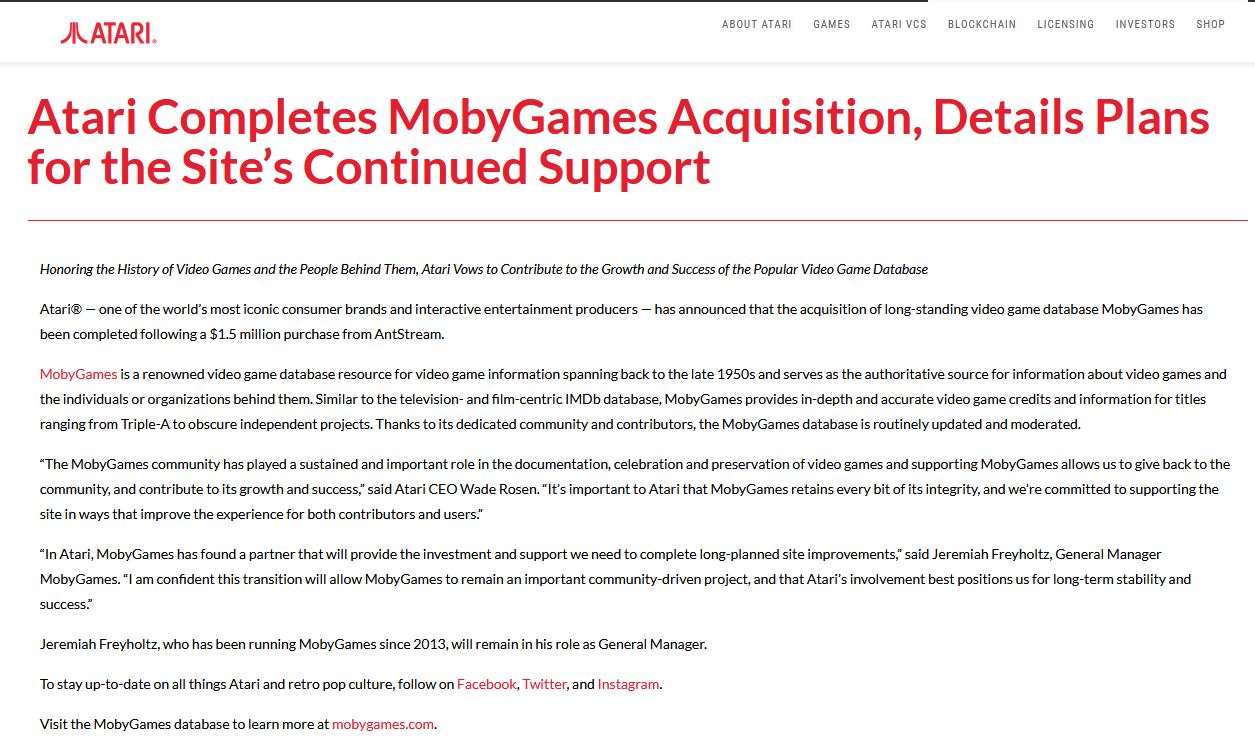 雅达利150万美元收购复古游戏数据库MobyGames