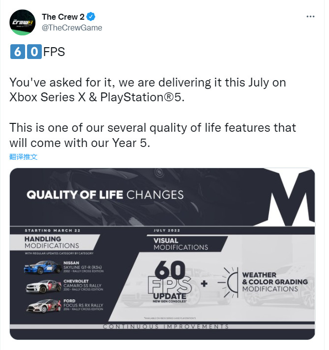 《飙酷车神2》将正在7月支持次世代主机60FPS