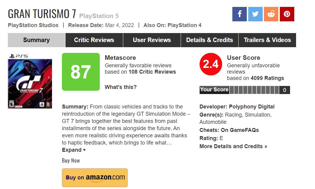 《GT赛车7》已成为M站用户评分最低的索尼游戏