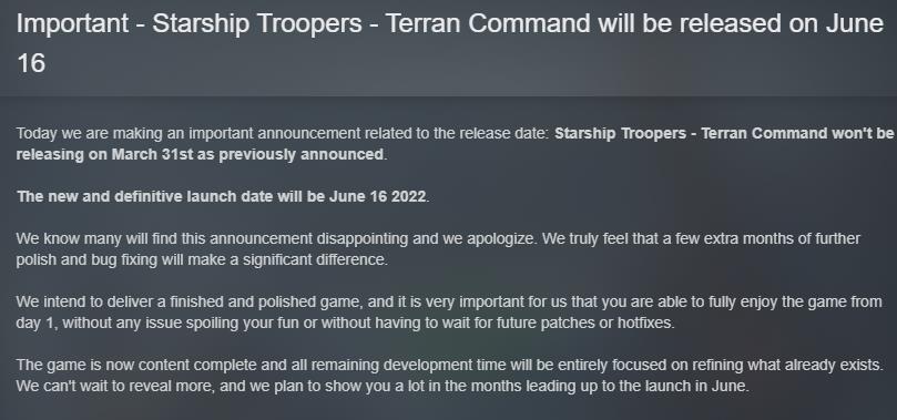 《星河战队：人类指挥部》官宣跳票 6月16日正式发售