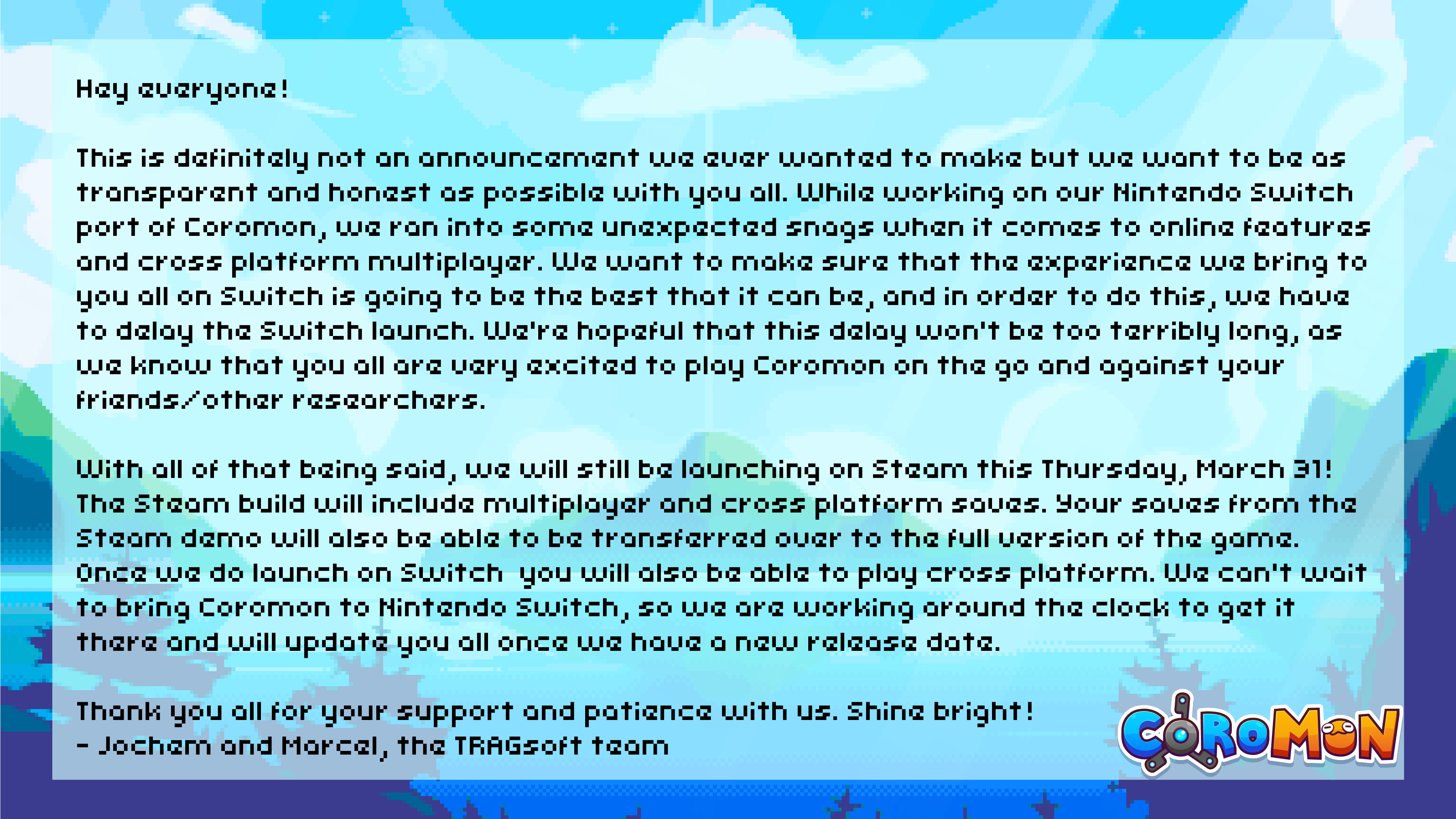 类宝可梦像素RPG《Coromon》NS版宣布延期 Steam版不受影响