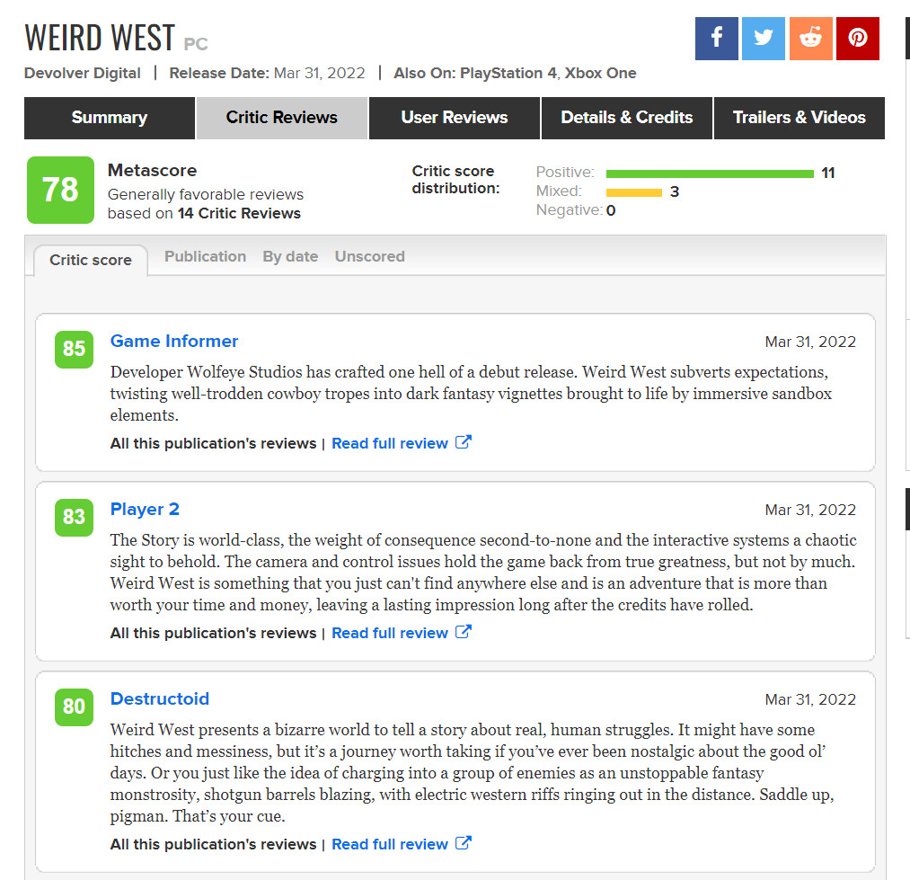 《诡异西部》首批媒体评分解禁 目前收录14家媒体均分78分