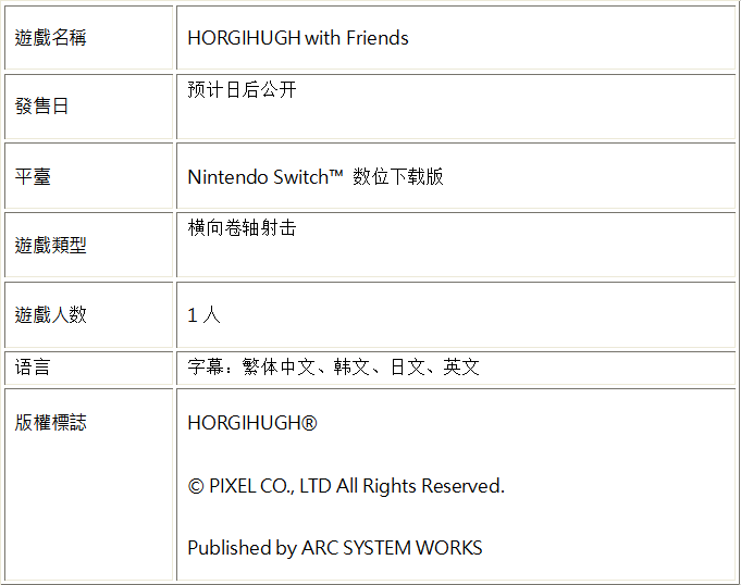 横向卷轴射击游戏NS《HORGIHUGH with Friends》确定推出繁体中文版！