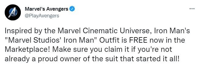 《漫威复仇者联盟》将为玩家免费发放钢铁侠MCU服装 或将补偿