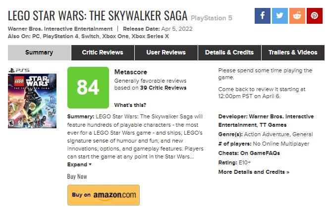 《乐高星球大战：天行者传奇》现已发售 39家媒体综合评分84分