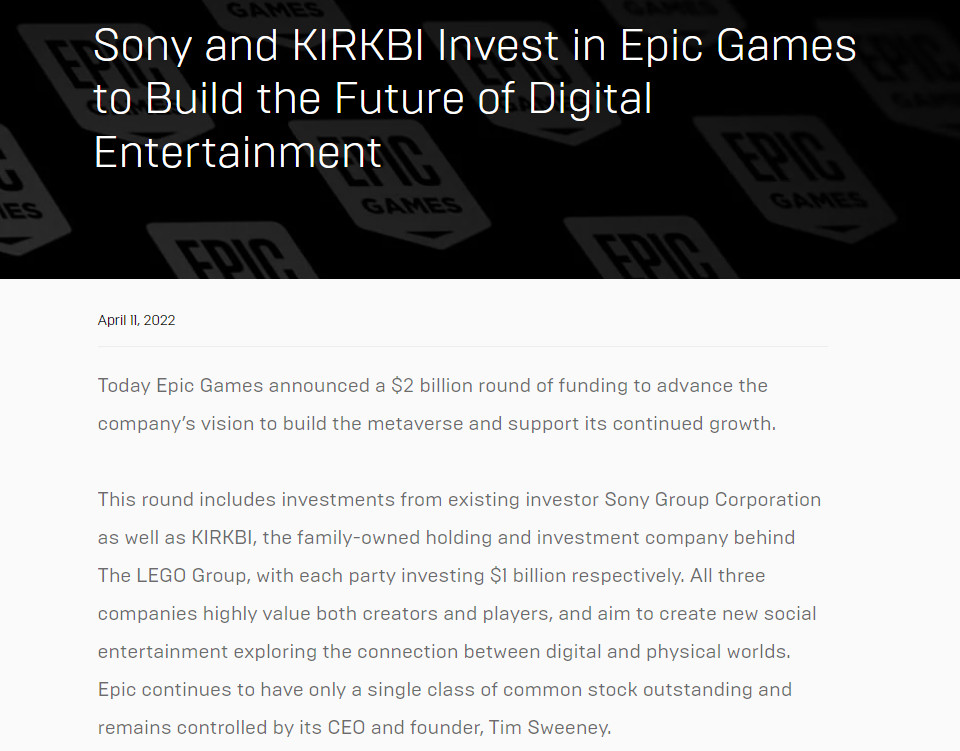 Epic再获索尼10亿美元投资 打造元宇宙