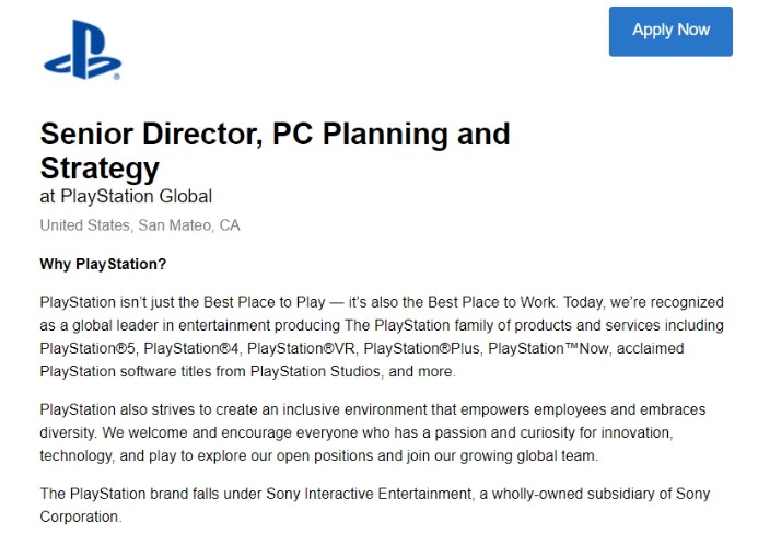 PlayStation正在招聘PC规划和战略高级主管