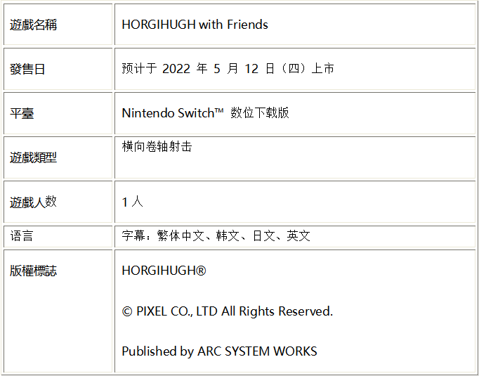 横向卷轴射击游戏NS《HORGIHUGH with Friends》繁中版，预计于5月12日上市 