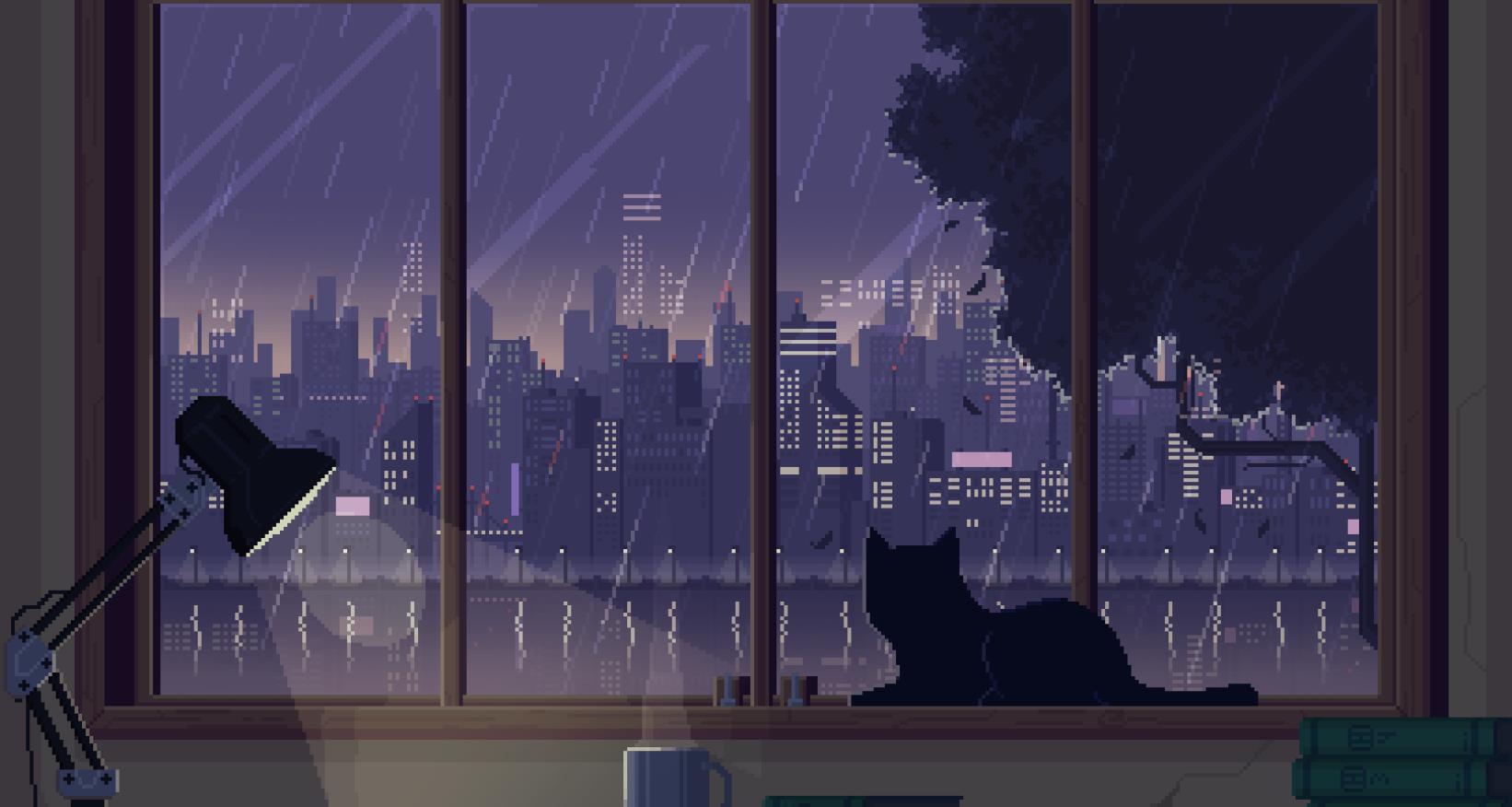 《Wallpaper Engine》像素风窗台的猫与雨夜动态壁纸