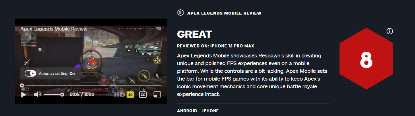《Apex英雄手游》获得IGN8分评价 独特游戏体验为FPS游戏界定标杆