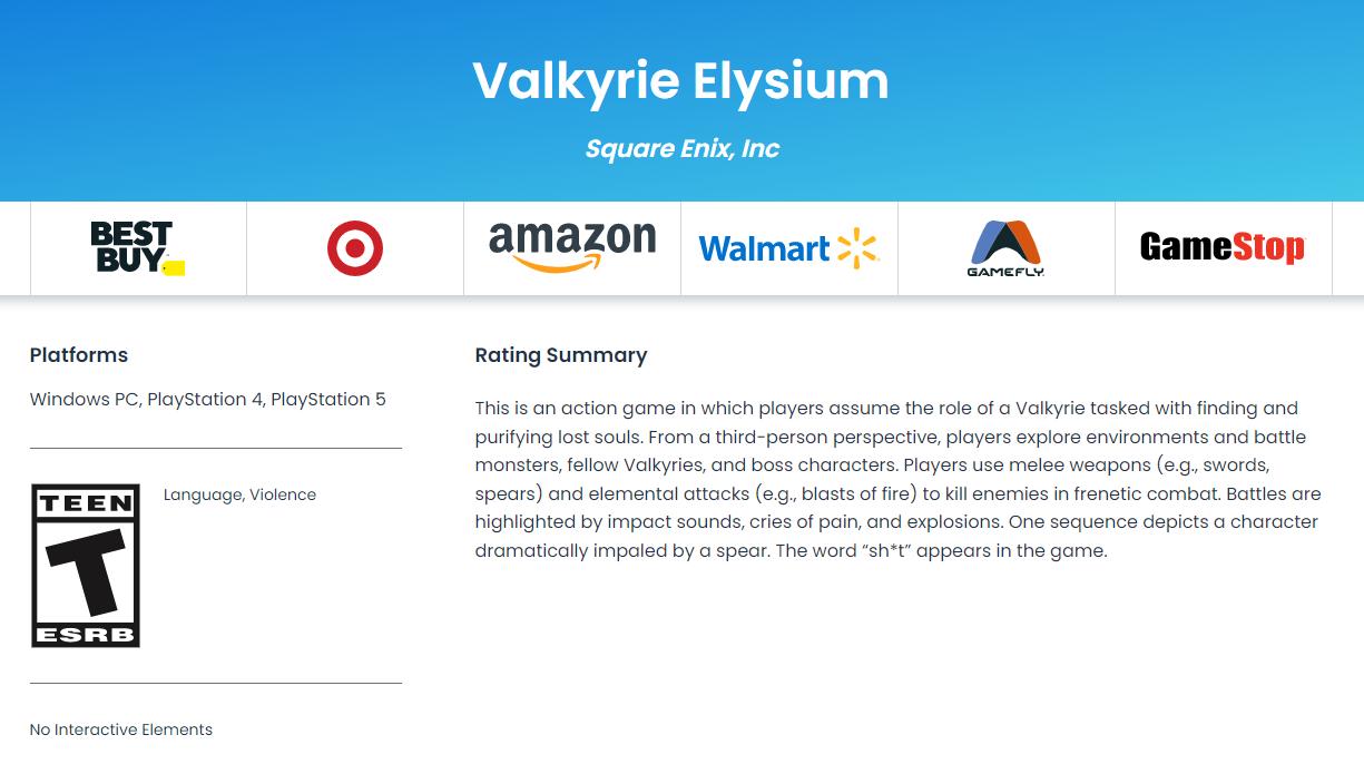 《Valkyrie Elysium》已经由ESRB评级 评价为T（13+）级别