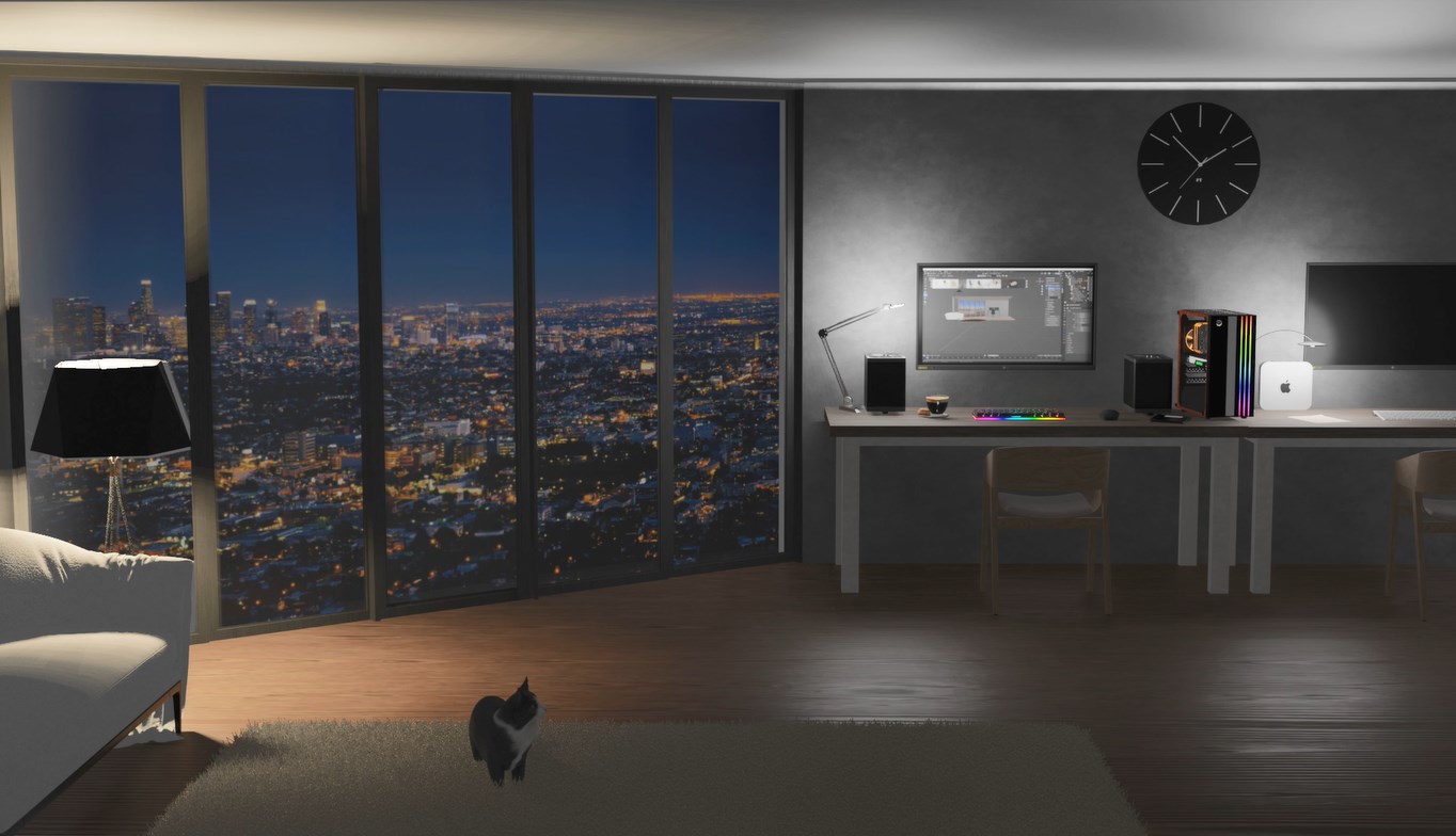《Wallpaper Engine》高楼室内夜晚的工作3D场景动态壁纸