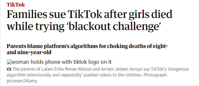 美国2名女童抖音跟风尝试昏迷挑战身亡 家长控告TikTok