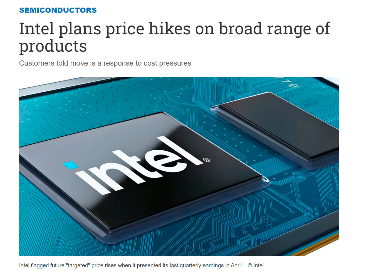 英特尔宣布旗下CPU将涨价 最高超过20%