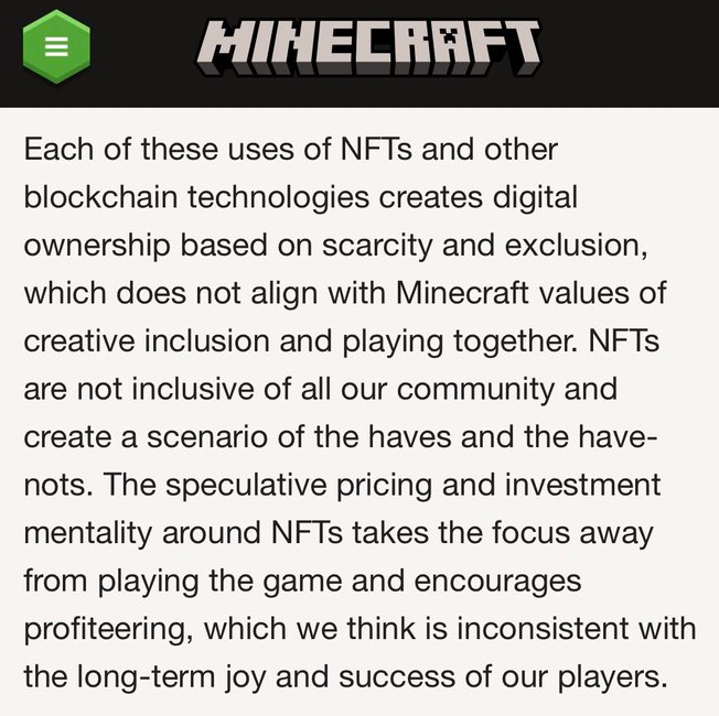 为确保游戏安全和包容性《我的世界》拒绝NFT和区块链 
