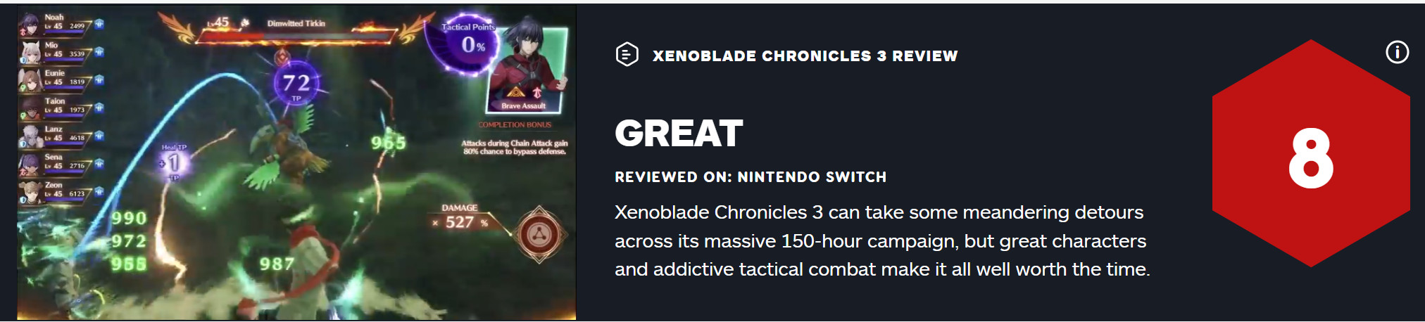 《异度神剑3》获IGN8分评价 拥有出色的角色及战术体系