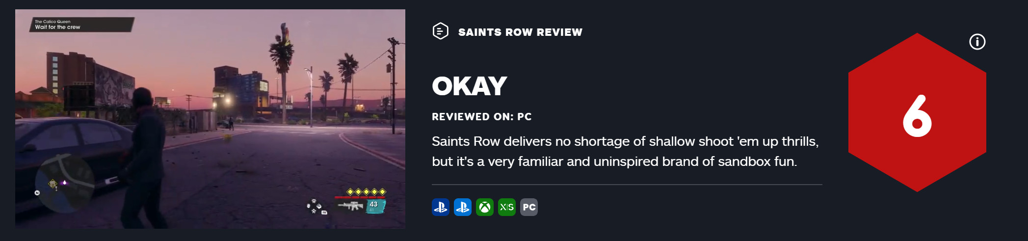 《黑道圣徒：重啟版》首批媒體評分解禁 IGN 6分