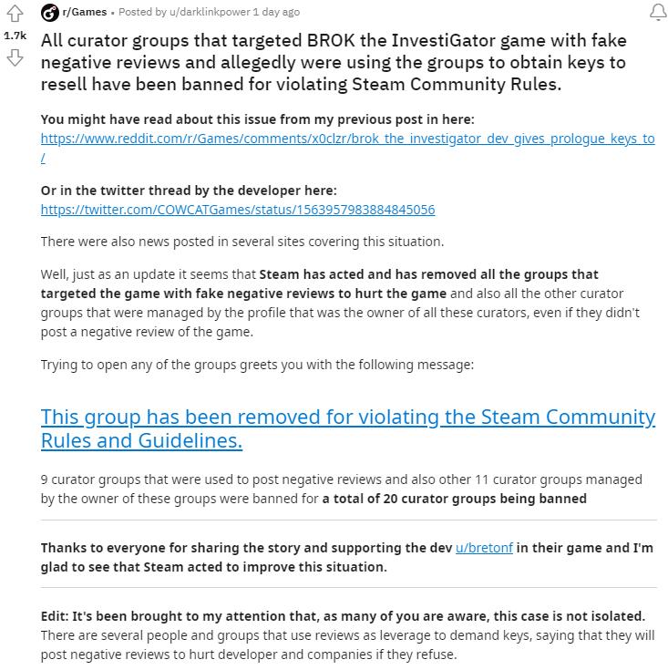 Steam鉴赏家骗Key后续：相关群组违反社区规则已被封禁