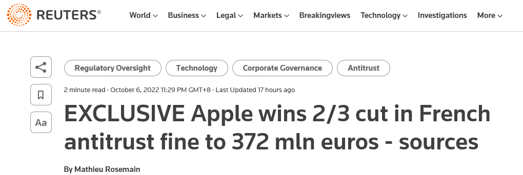 苹果法国11亿欧元反垄断奖款降至出有到4亿欧元