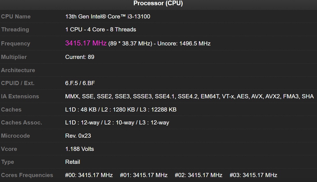 英特尔酷睿i3-13100已通过CPU-Z验证