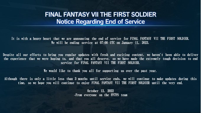 吃雞手游《FF7：第一士兵》停服公告明年1月11月停服