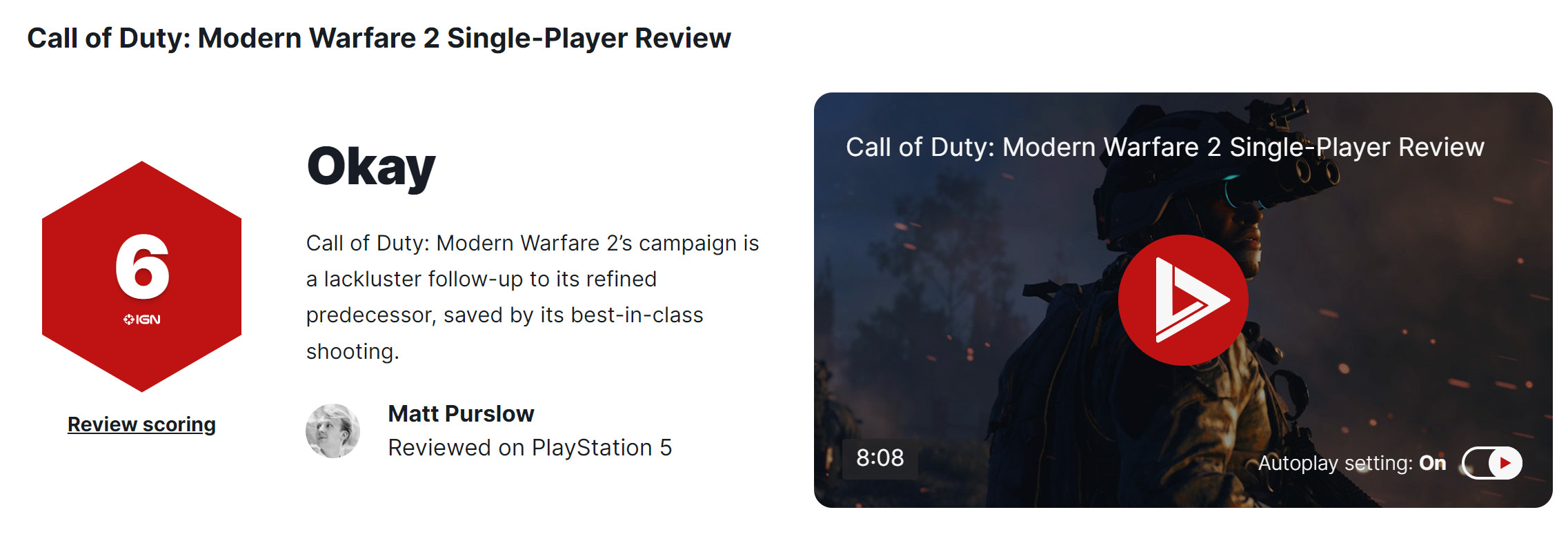 《使命召唤19：现代战争2》单人战役IGN 6分