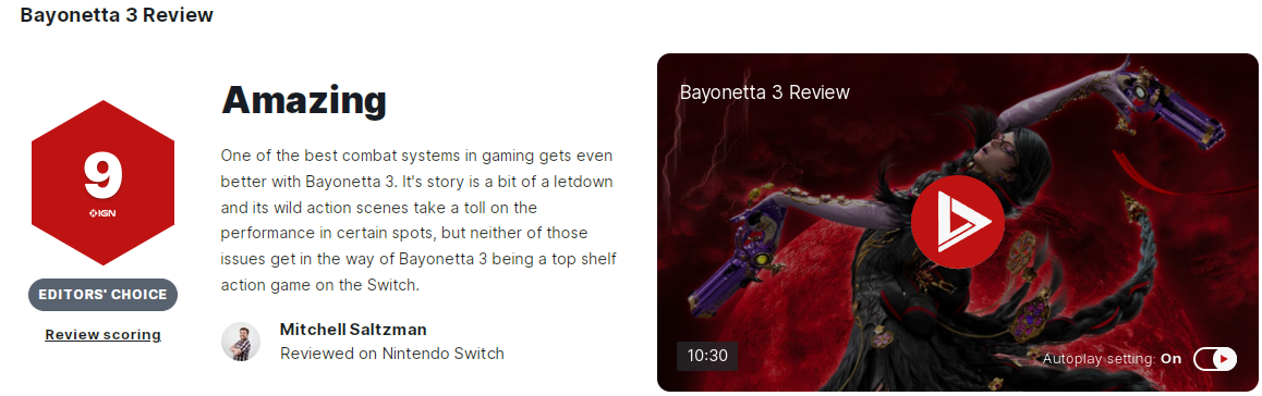 《猎天使魔女3》IGN评9分 Switch上顶级动作游戏