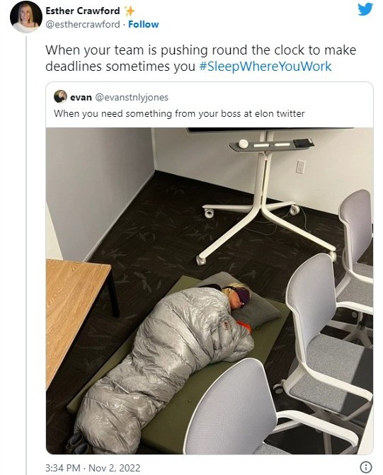 推特经理晒睡公司照片 马斯克上任后员工想保住工作好难