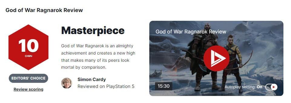 《战神：诸神黄昏》IGN打出10分 无可挑剔令人着迷