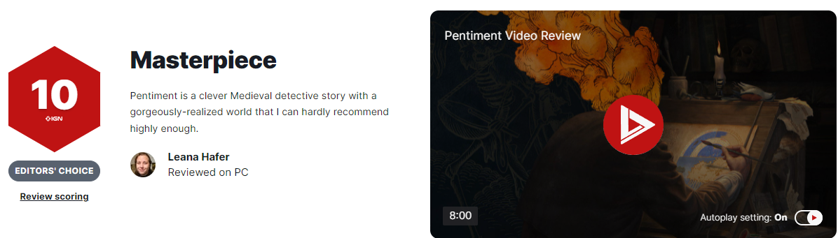 乌曜石新做《Pentiment》IGN 10分 值很多次嬉戏