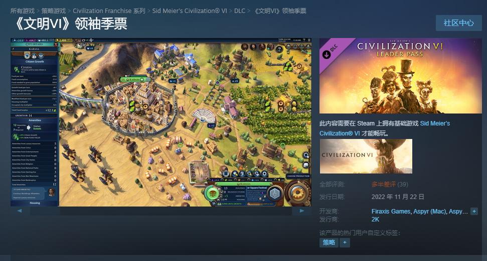 《文明6》领袖季票正式发售 Steam获“多半差评”