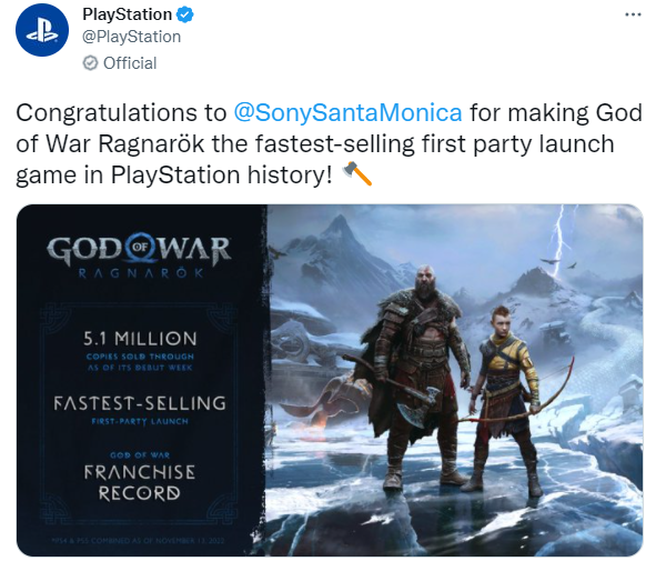 《战神：诸神黄昏》首周销量破510万 PS史上销售最快第一方游戏