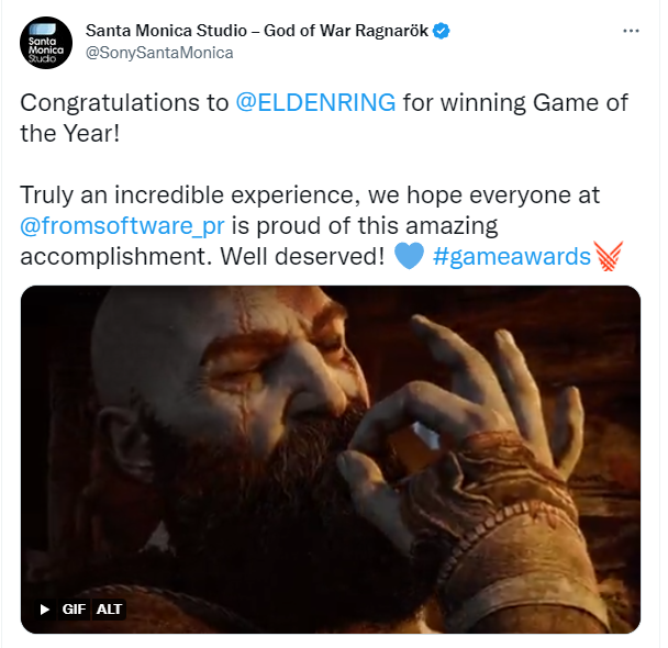 《战神》开发商祝贺《艾尔登法环》获得TGA年度游戏