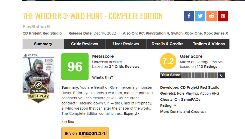《巫师3》超《战神5》成今年MTC评分第二高的PS5游戏