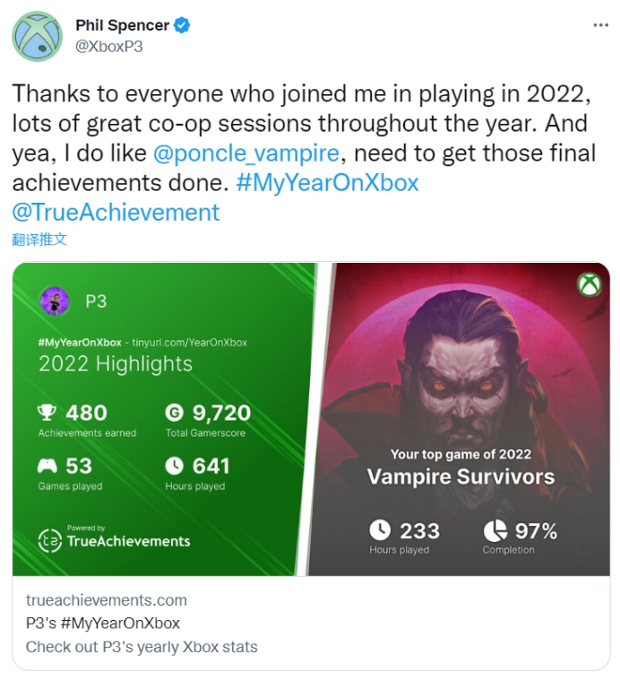 菲尔·斯宾塞分享自己的2022年游戏报告 《吸血鬼幸存者》游玩时长最多